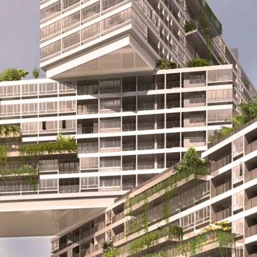 Modern high-rise residential building facade with staggered balconies, extensive greenery integrated into the structure, and glass window surfaces under a pale sky.